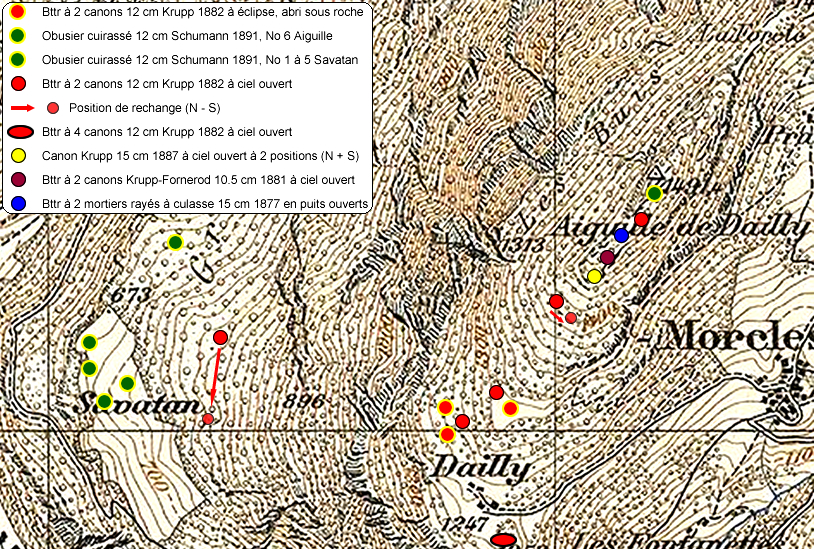 Savatan-Dailly, cartes des positions 1892-1910 sur base carte Siegfried 1908
